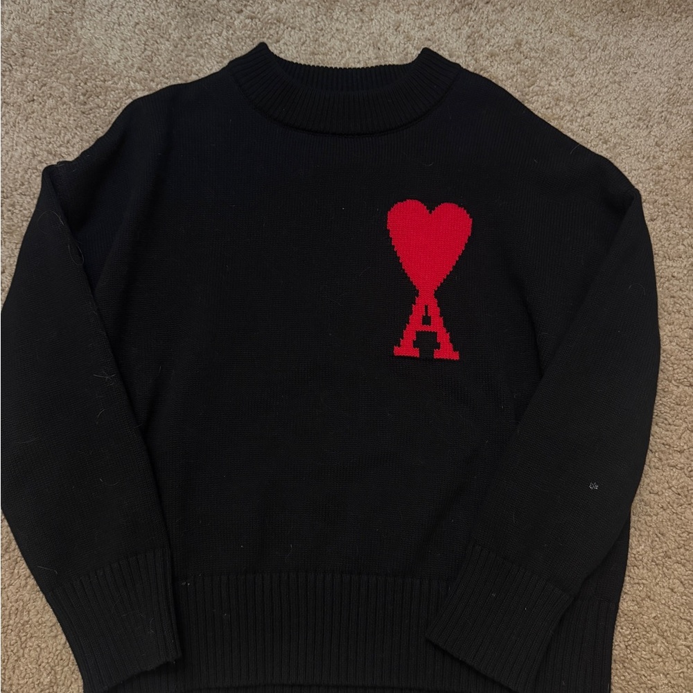 Ami Alexandre Mattiussi Black Sweater with Red Heart 'A' Logo